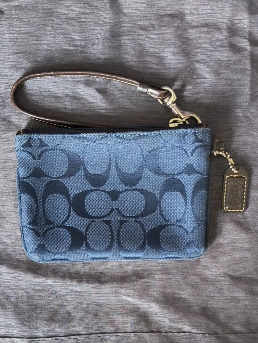 Coach Blue Signature Canvas Wristlet with Brown Leather Strap